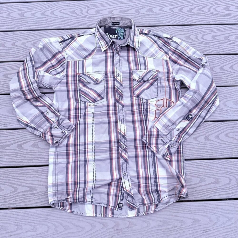 Roar Signature Mens Shirt Medium  Gray Orange Embroidered Long Sleeve Button Up
